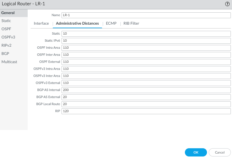 Logical Router Administrative Distances tab showing default AD values.